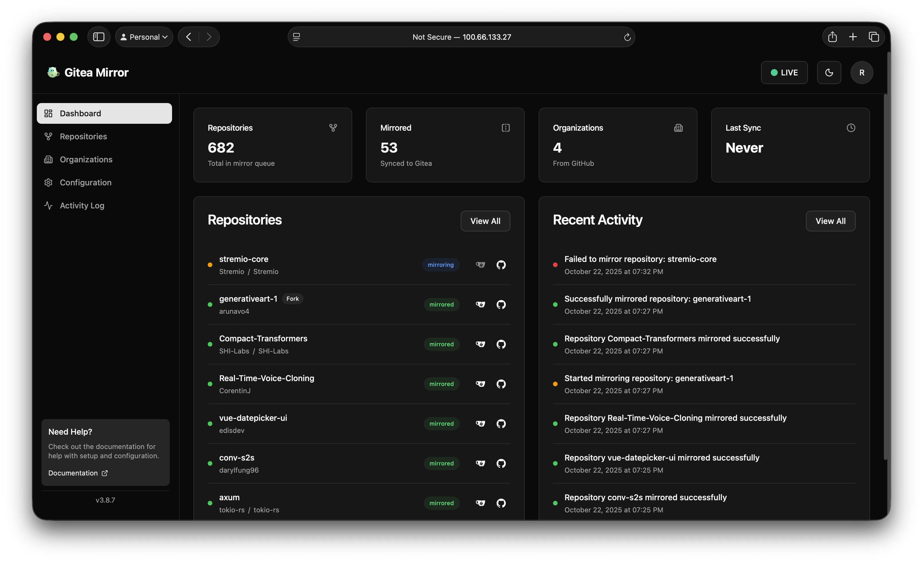 Gitea Mirror dashboard showing overall sync status for GitHub organizations and repositories.